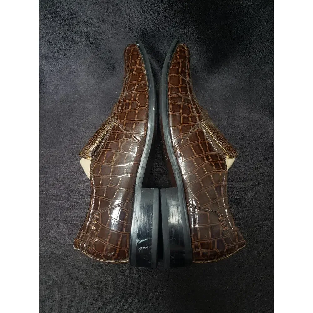 Italic Men's Brown Leather Slip On Side Stretch Square Toe Loafers Dress Shoes